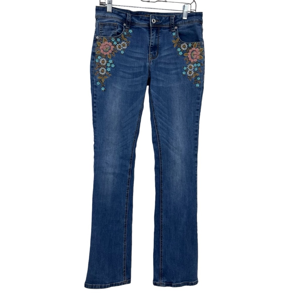 Grace in LA Easy Fit Mid-Rise Bootcut Floral Embroidered Jeans Medium Wash Sz 29
